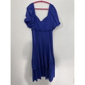 Farm Rio Dress Womens Large Blue Puff Sleeve Sweetheart Ruffle Midi Tiered Flowy